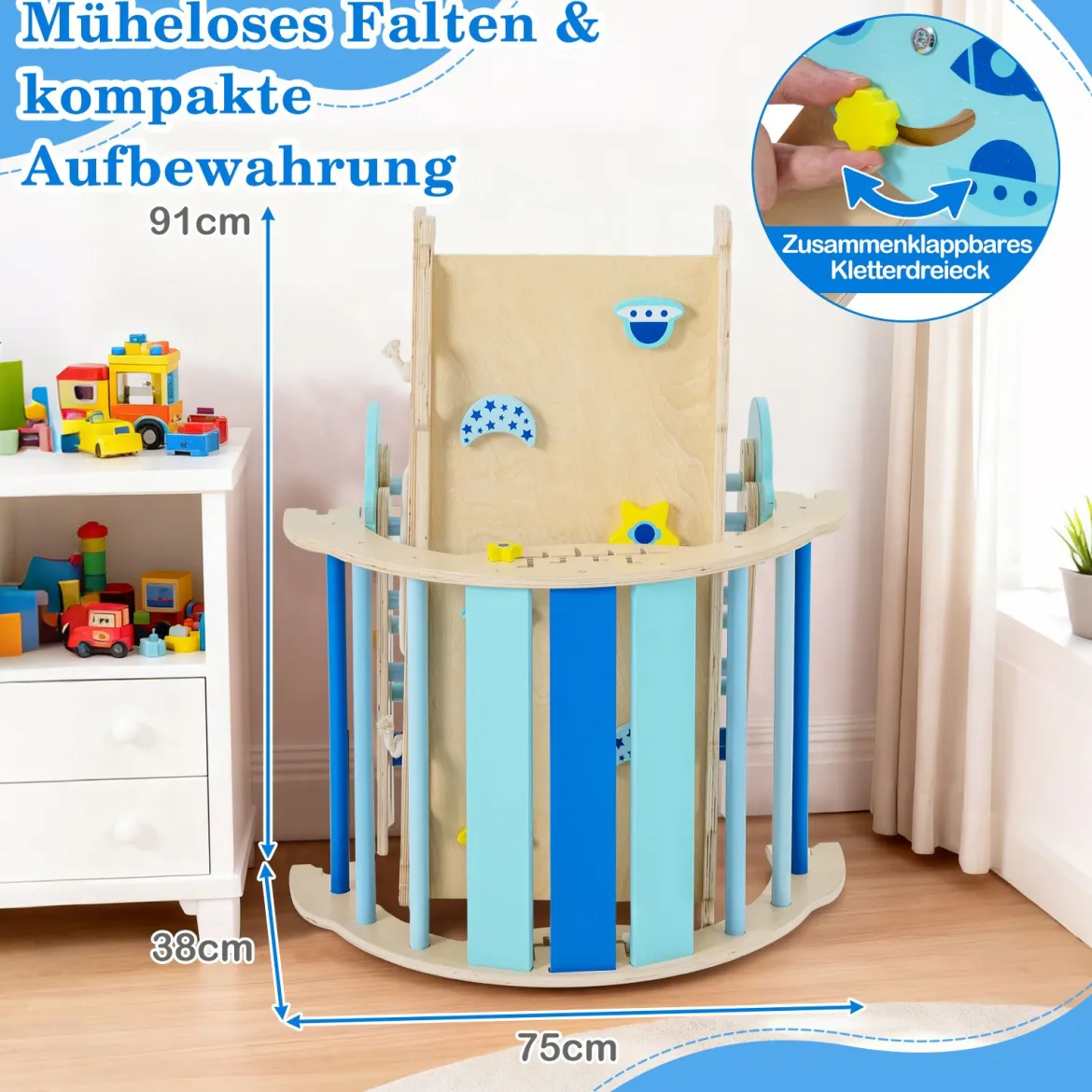 9 in 1 Montessori Klettergerüst Set mit Kletterbogen & Kletterseil & Leiter Holz Kletterdreieck Blau