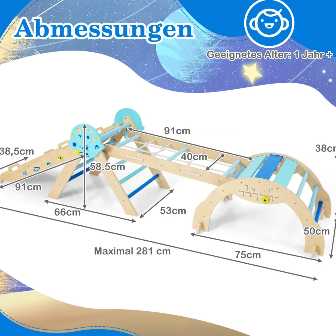 9 in 1 Montessori Klettergerüst Set mit Kletterbogen & Kletterseil & Leiter Holz Kletterdreieck Blau