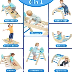 9 in 1 Montessori Klettergerüst Set mit Kletterbogen & Kletterseil & Leiter Holz Kletterdreieck Blau