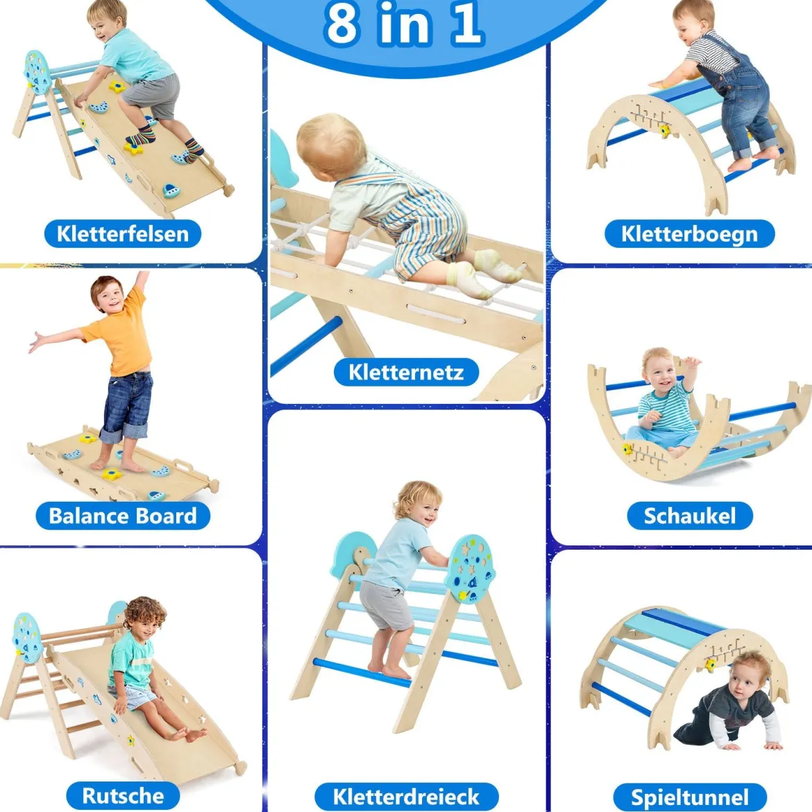 9 in 1 Montessori Klettergerüst Set mit Kletterbogen & Kletterseil & Leiter Holz Kletterdreieck Blau