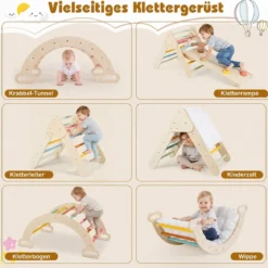 3 in 1 Montessori Klettersset aus Holz Spielset für Kinder ab 1 Jahr Klettergerüst Set Bunt