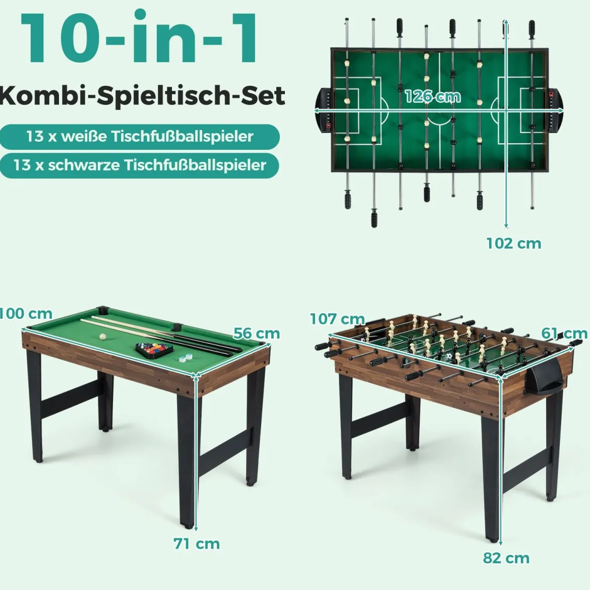 10-in-1 Multifunktionale Spieltische Combo Spieltisch mit Tischfußball Airhockey Billard Braun