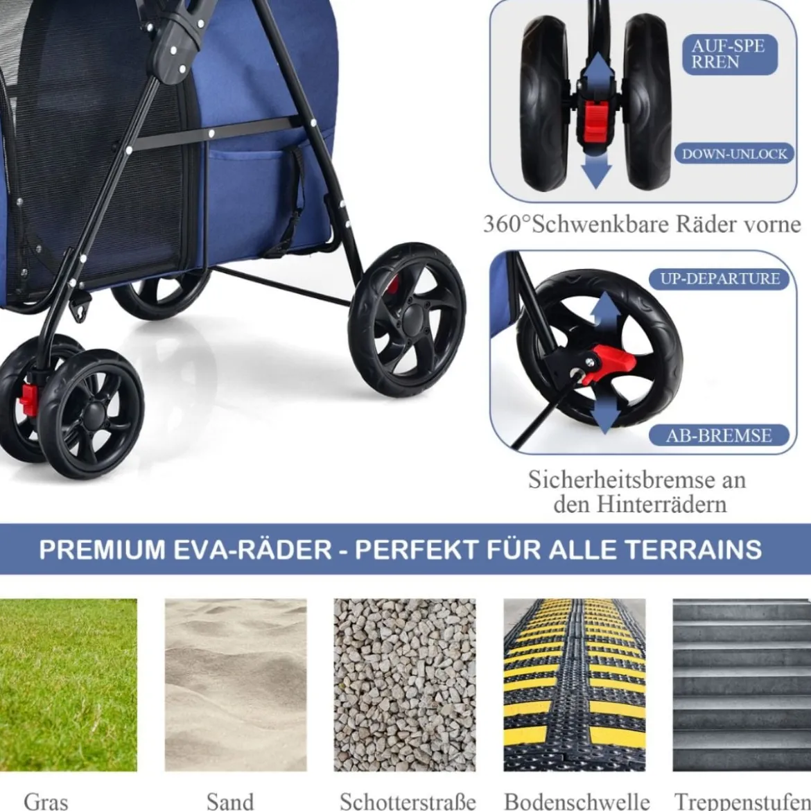 4 in 1 Multifunktionswagen Doppellagiger Kinderwagen für Haustiere Blau