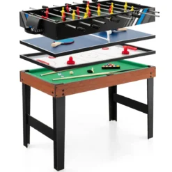 4 in 1 Multispieltisch mit Tischkicker & Poolbillard & Airhockey & Tischtennis Arcade Spielset Braun