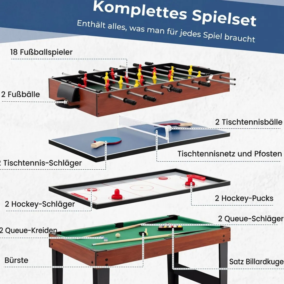 4 in 1 Multispieltisch mit Tischkicker & Poolbillard & Airhockey & Tischtennis Arcade Spielset Braun