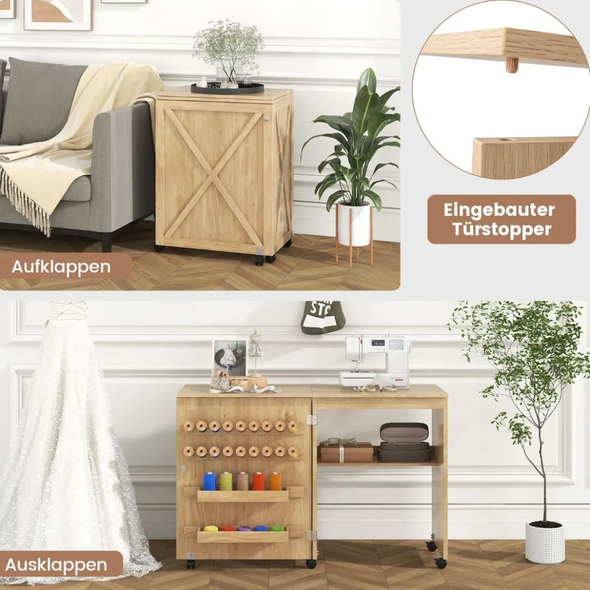 2 in 1 Nähschrank & Schreibtisch klappbar Nähtisch Mehrzweck-Bastelstation mit Ablagefläche Natur/Weiß