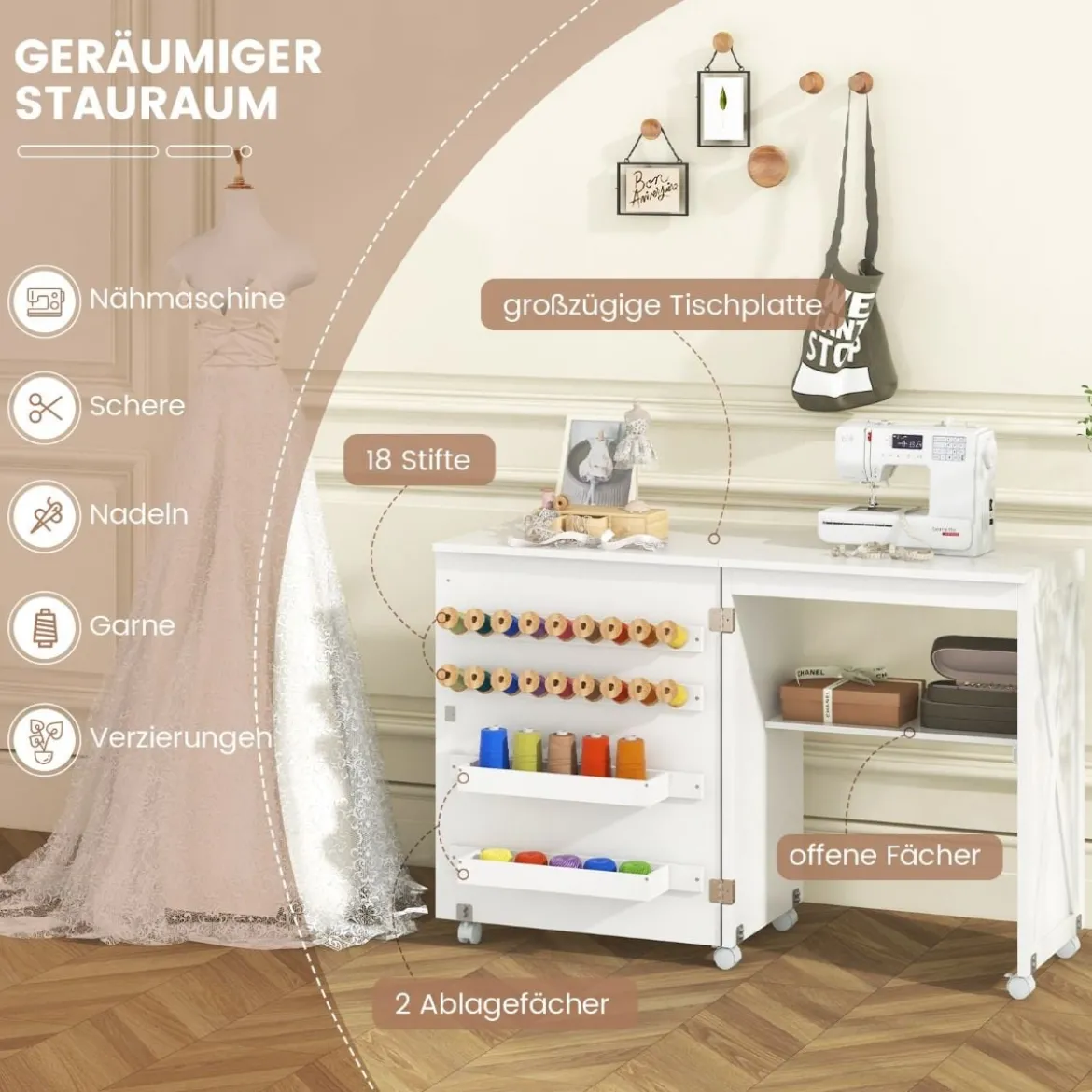 2 in 1 Nähschrank & Schreibtisch klappbar Nähtisch Mehrzweck-Bastelstation mit Ablagefläche Natur/Weiß