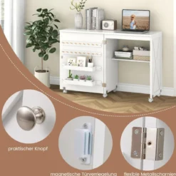 2 in 1 Nähschrank & Schreibtisch klappbar Nähtisch Mehrzweck-Bastelstation mit Ablagefläche Natur/Weiß