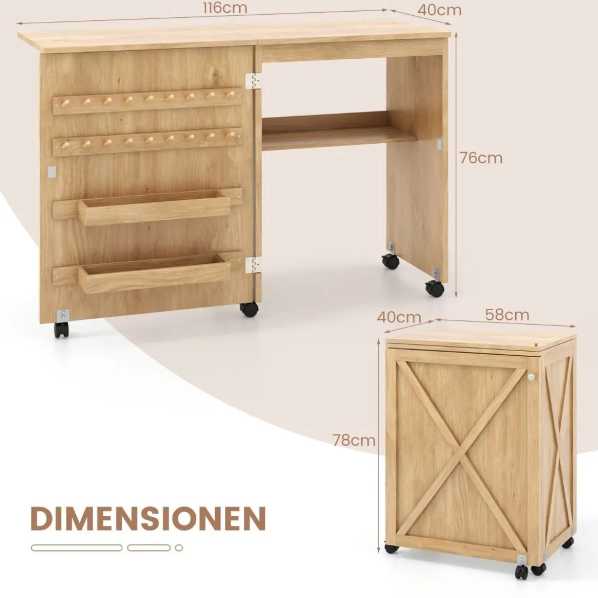 2 in 1 Nähschrank & Schreibtisch klappbar Nähtisch Mehrzweck-Bastelstation mit Ablagefläche Natur/Weiß