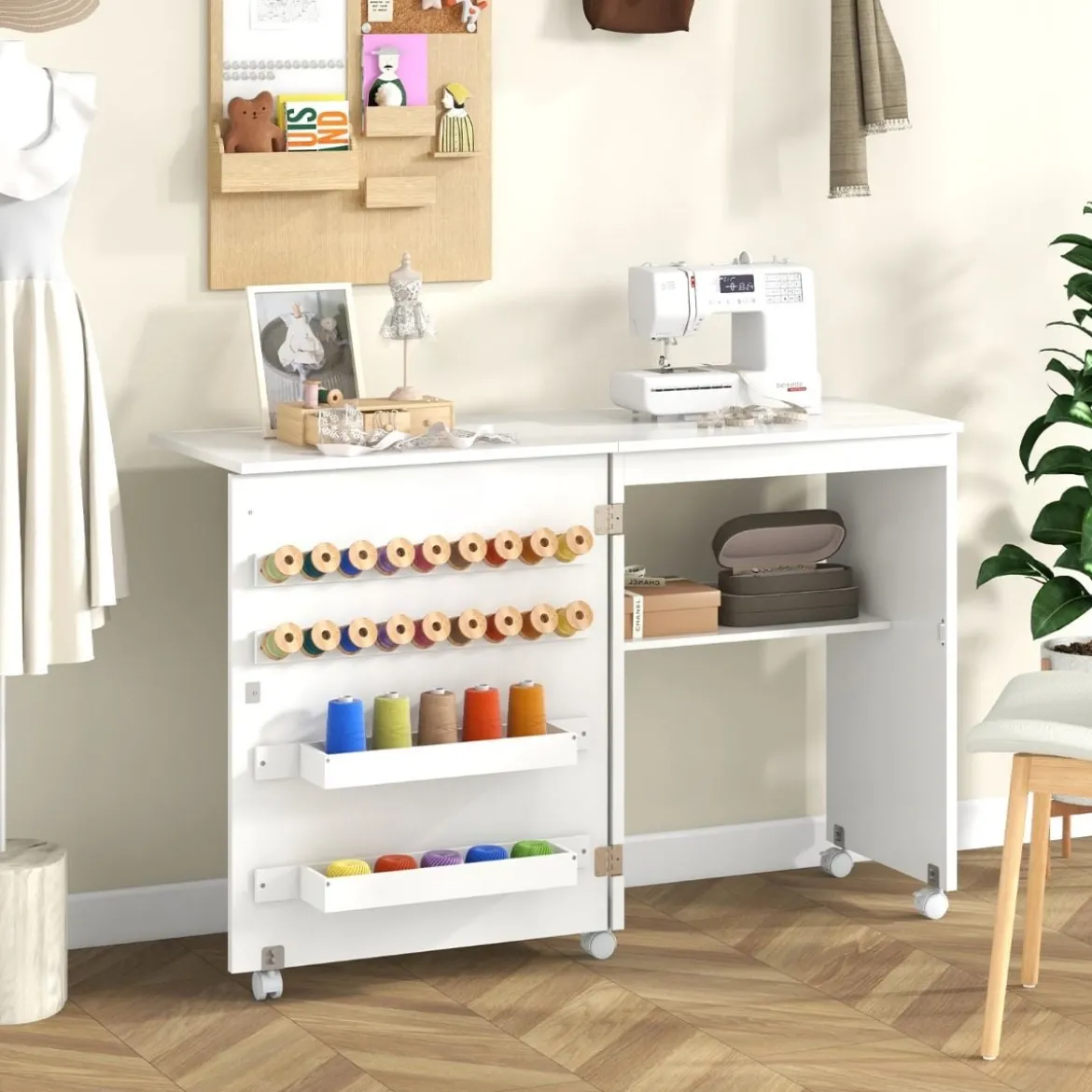 2 in 1 Nähschrank & Schreibtisch klappbar Nähtisch Mehrzweck-Bastelstation mit Ablagefläche Natur/Weiß