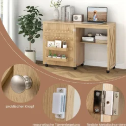 2 in 1 Nähschrank & Schreibtisch klappbar Nähtisch Mehrzweck-Bastelstation mit Ablagefläche Natur/Weiß