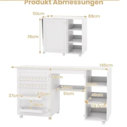 2 in 1 Nähtisch Schreibtisch klappbar multifunktionale Nähmaschinenstation mit Ablageflächen Weiß
