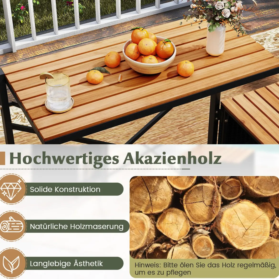 2-in-1 Outdoor Klappbank wandelbarer Picknicktisch & Gartenbank mit Metallrahmen Schwarz