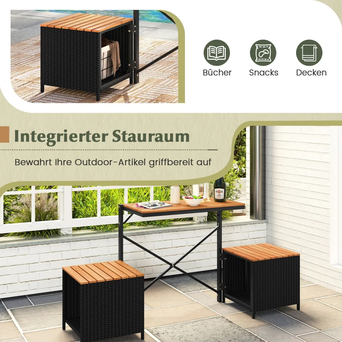 2-in-1 Outdoor Klappbank wandelbarer Picknicktisch & Gartenbank mit Metallrahmen Schwarz