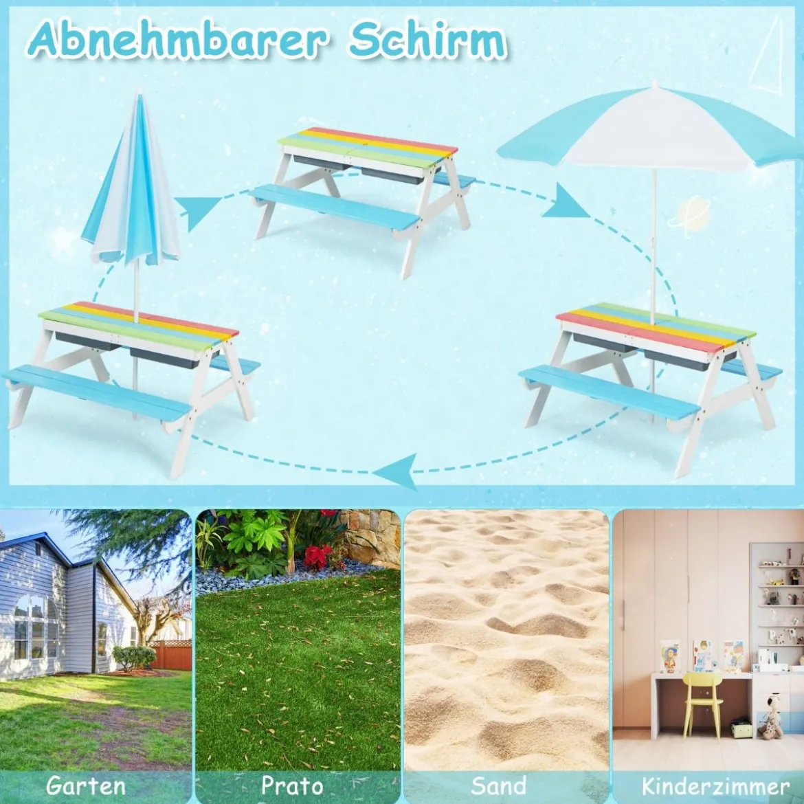 3-in-1 Picknicktisch für den Außenbereich Wasser & Sandtisch mit Spielboxen & Schirm Blau und Weiß
