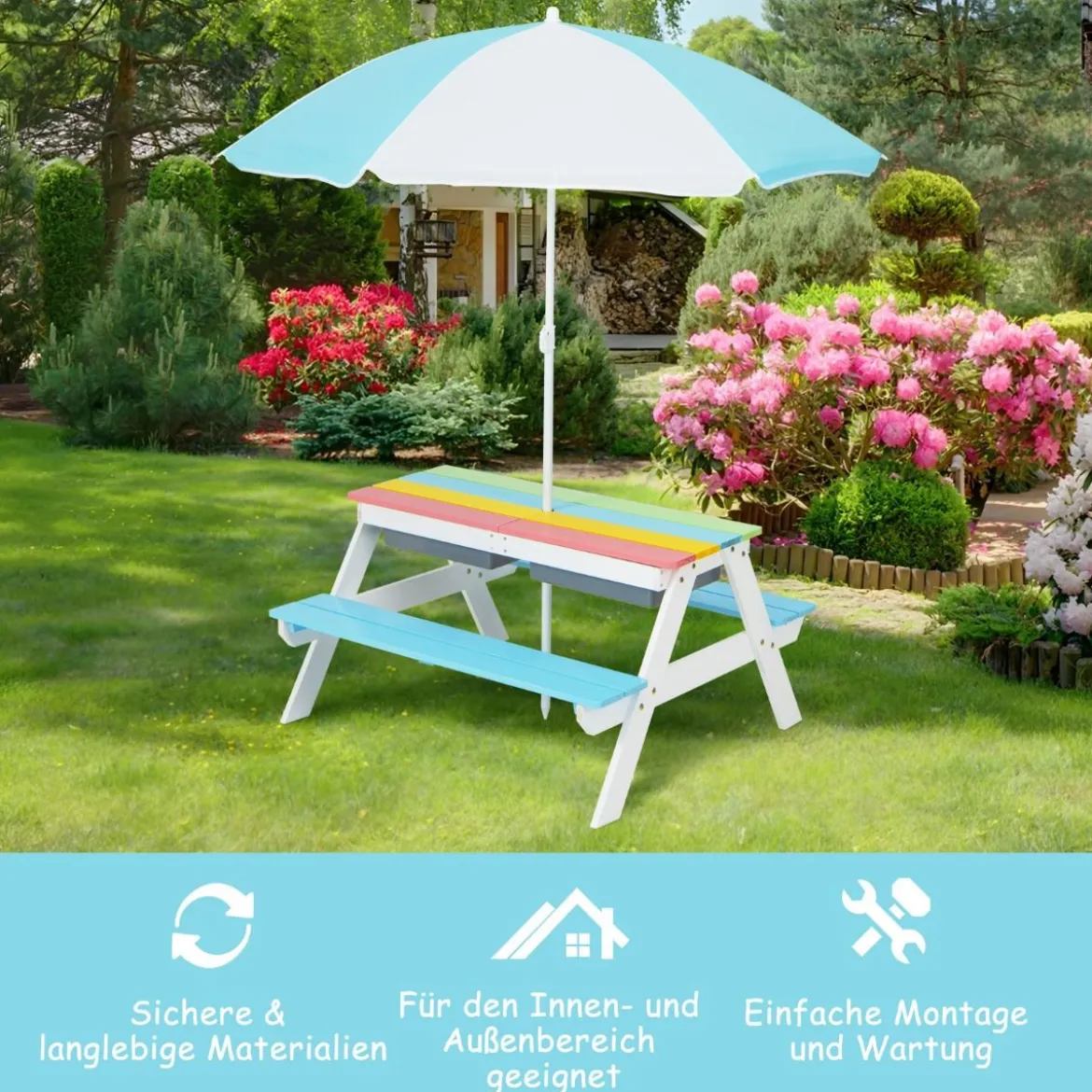 3-in-1 Picknicktisch für den Außenbereich Wasser & Sandtisch mit Spielboxen & Schirm Blau und Weiß