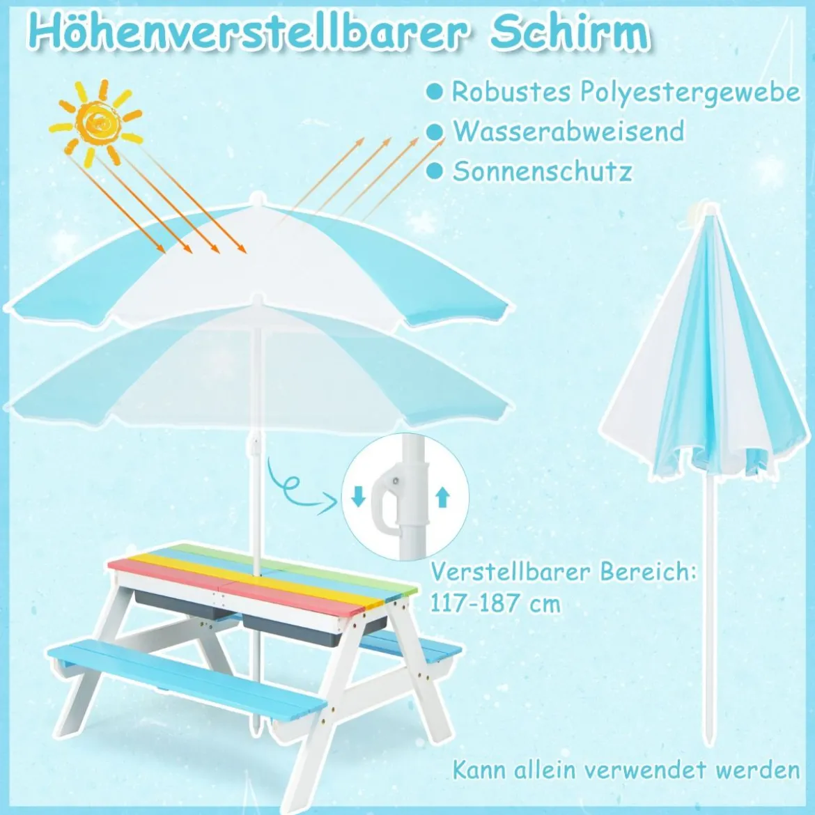 3-in-1 Picknicktisch für den Außenbereich Wasser & Sandtisch mit Spielboxen & Schirm Blau und Weiß