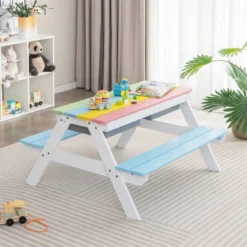 3-in-1 Picknicktisch für den Außenbereich Wasser & Sandtisch mit Spielboxen & Schirm Blau und Weiß