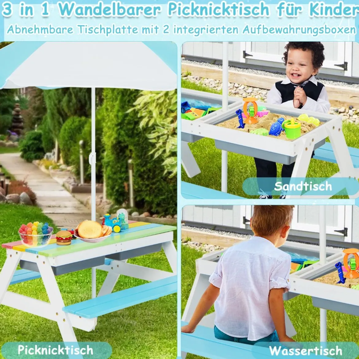 3-in-1 Picknicktisch für den Außenbereich Wasser & Sandtisch mit Spielboxen & Schirm Blau und Weiß