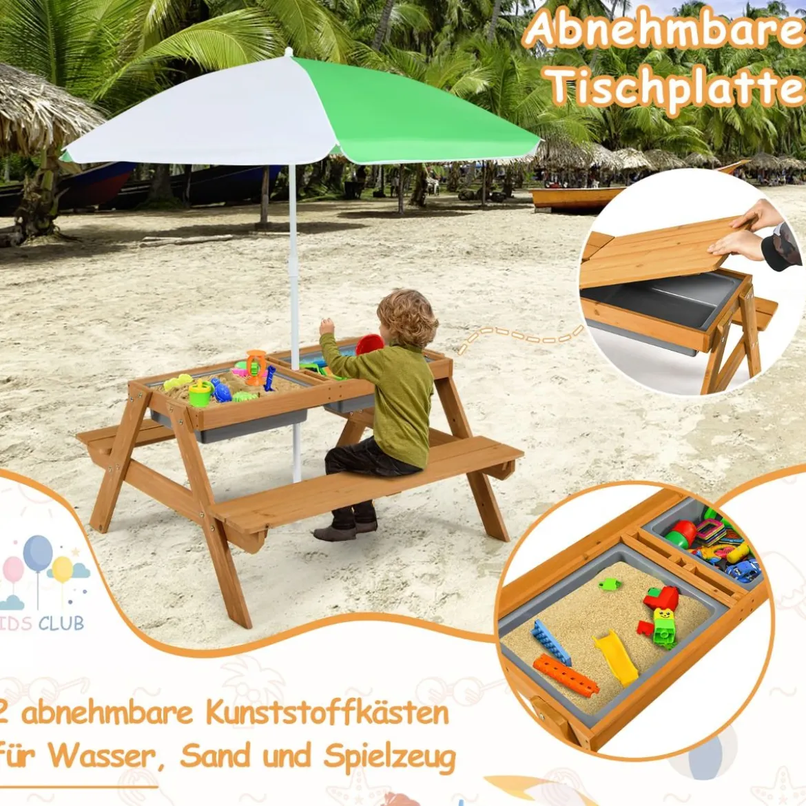 3-in-1 Picknicktisch für den Außenbereich Wasser & Sandtisch mit Spielboxen & Schirm Grün und Weiß