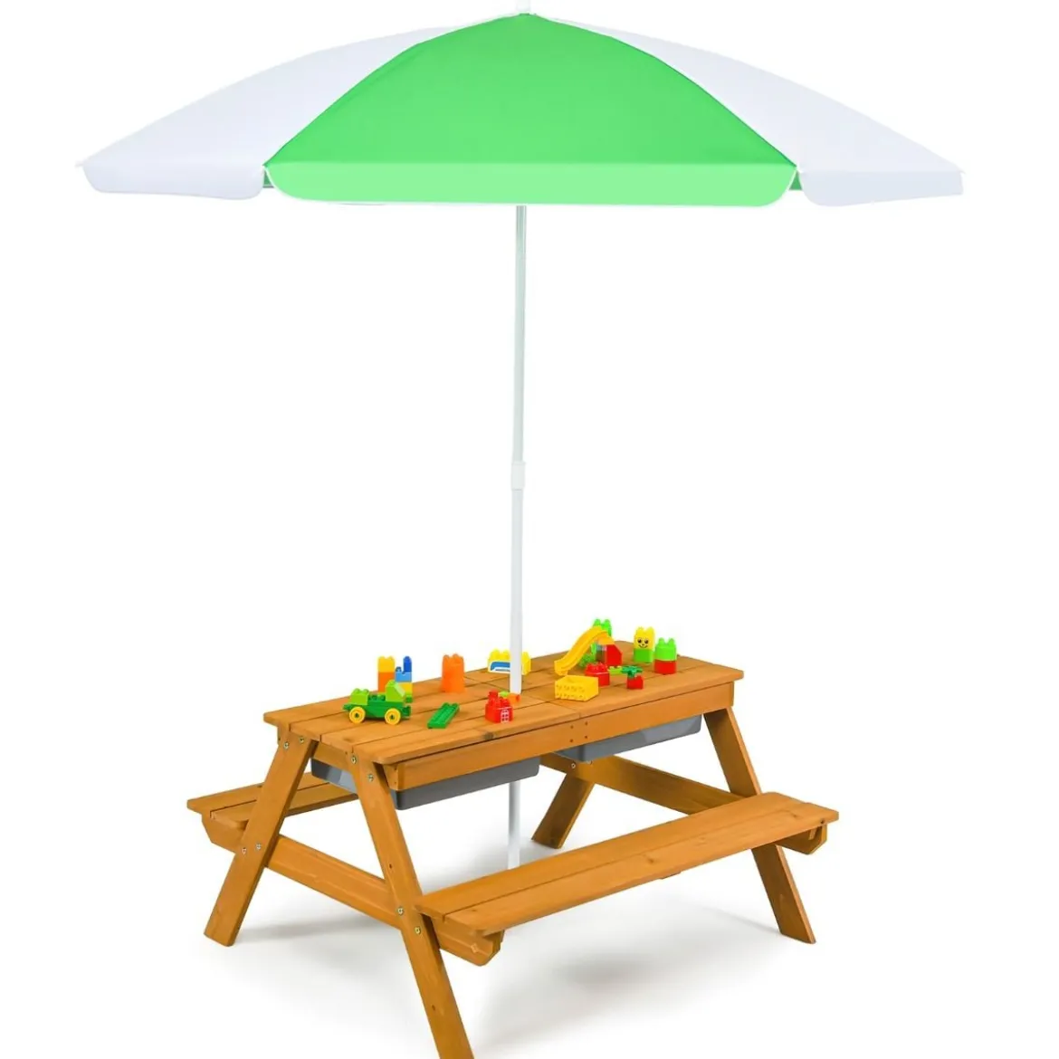 3-in-1 Picknicktisch für den Außenbereich Wasser & Sandtisch mit Spielboxen & Schirm Grün und Weiß