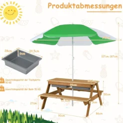 3-in-1 Picknicktisch für den Außenbereich Wasser & Sandtisch mit Spielboxen & Schirm Grün und Weiß