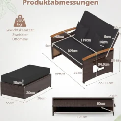 3 in 1 Rattan Lounge Möbel Set Doppelliege Tagesbett mit Liegefunktion 2 Sitzer & Hocker