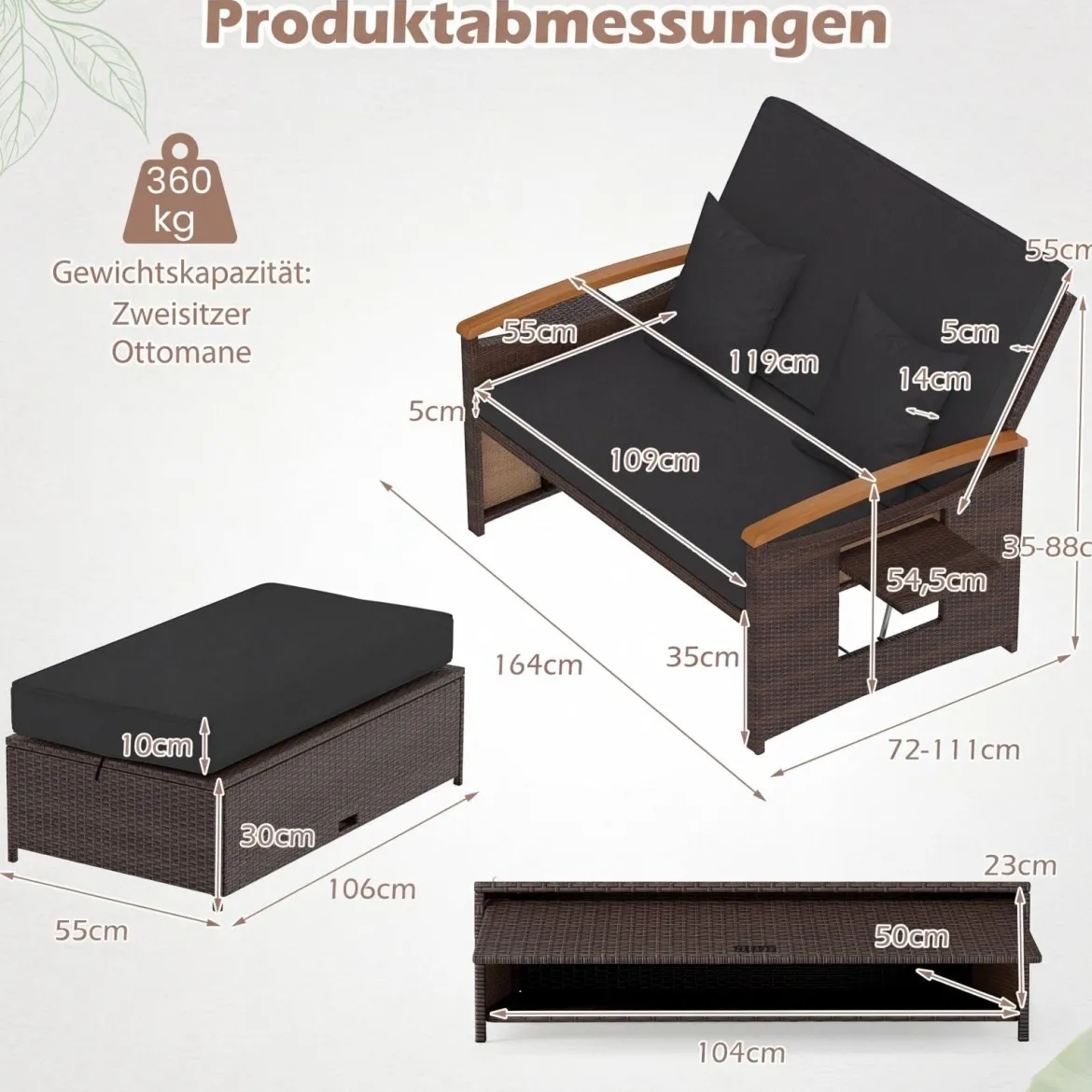 3 in 1 Rattan Lounge Möbel Set Doppelliege Tagesbett mit Liegefunktion 2 Sitzer & Hocker