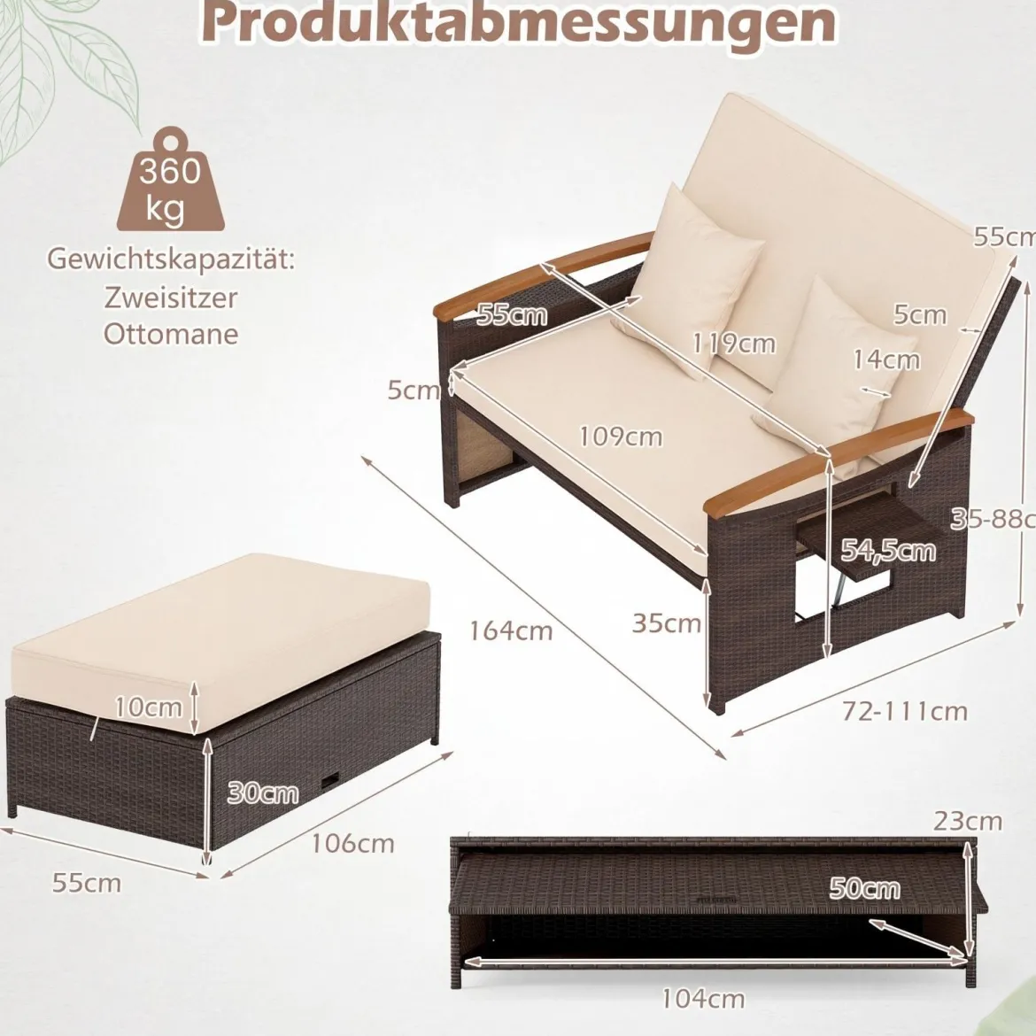 3 in 1 Rattan Lounge Möbel Set Doppelliege Tagesbett mit Liegefunktion 2 Sitzer & Hocker