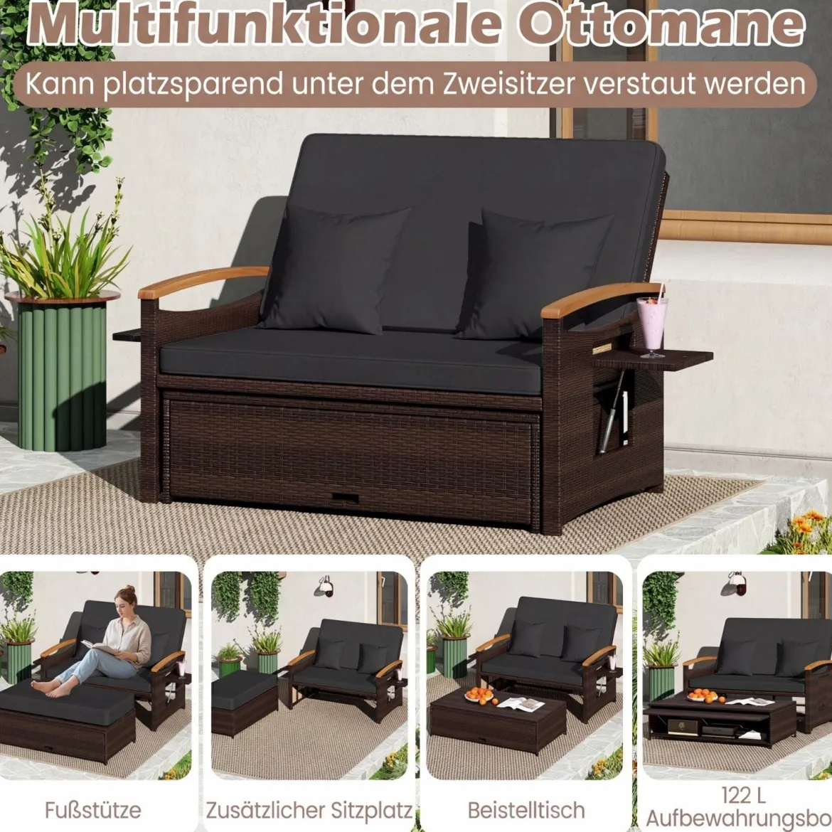 3 in 1 Rattan Lounge Möbel Set Doppelliege Tagesbett mit Liegefunktion 2 Sitzer & Hocker