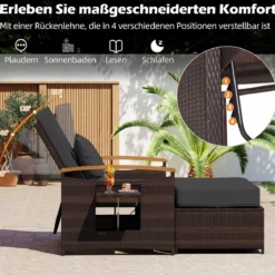 3 in 1 Rattan Lounge Möbel Set Doppelliege Tagesbett mit Liegefunktion 2 Sitzer & Hocker