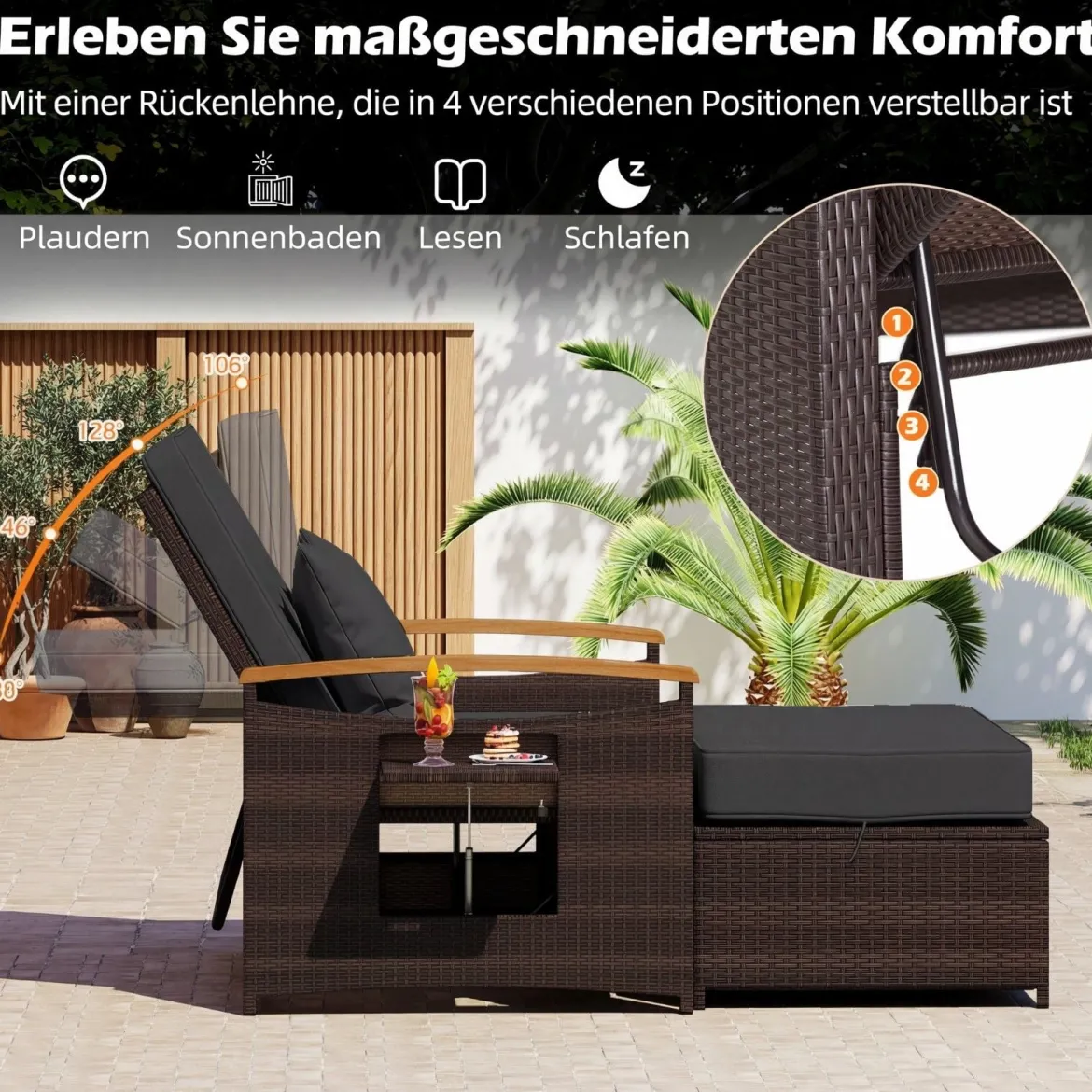 3 in 1 Rattan Lounge Möbel Set Doppelliege Tagesbett mit Liegefunktion 2 Sitzer & Hocker