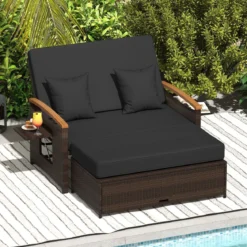 3 in 1 Rattan Lounge Möbel Set Doppelliege Tagesbett mit Liegefunktion 2 Sitzer & Hocker