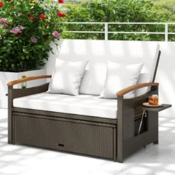 3 in 1 Rattan Lounge Möbel Set Doppelliege Tagesbett mit Liegefunktion 2 Sitzer & Hocker
