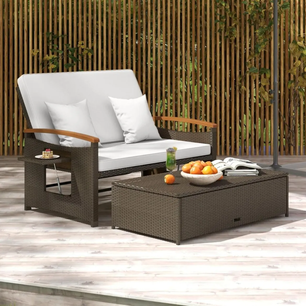 3 in 1 Rattan Lounge Möbel Set Doppelliege Tagesbett mit Liegefunktion 2 Sitzer & Hocker