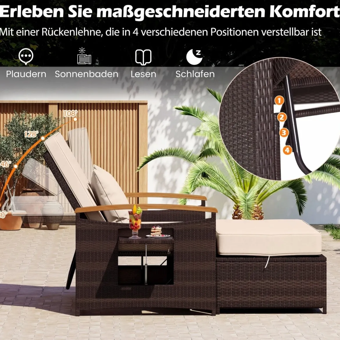 3 in 1 Rattan Lounge Möbel Set Doppelliege Tagesbett mit Liegefunktion 2 Sitzer & Hocker