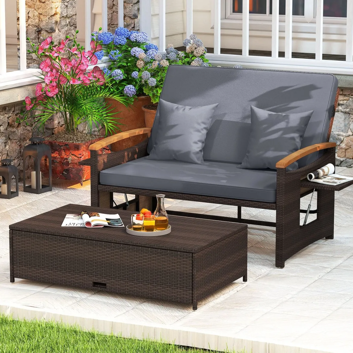 3 in 1 Rattan Lounge Möbel Set Doppelliege Tagesbett mit Liegefunktion 2 Sitzer & Hocker