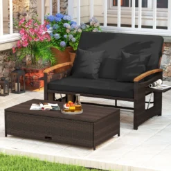 3 in 1 Rattan Lounge Möbel Set Doppelliege Tagesbett mit Liegefunktion 2 Sitzer & Hocker