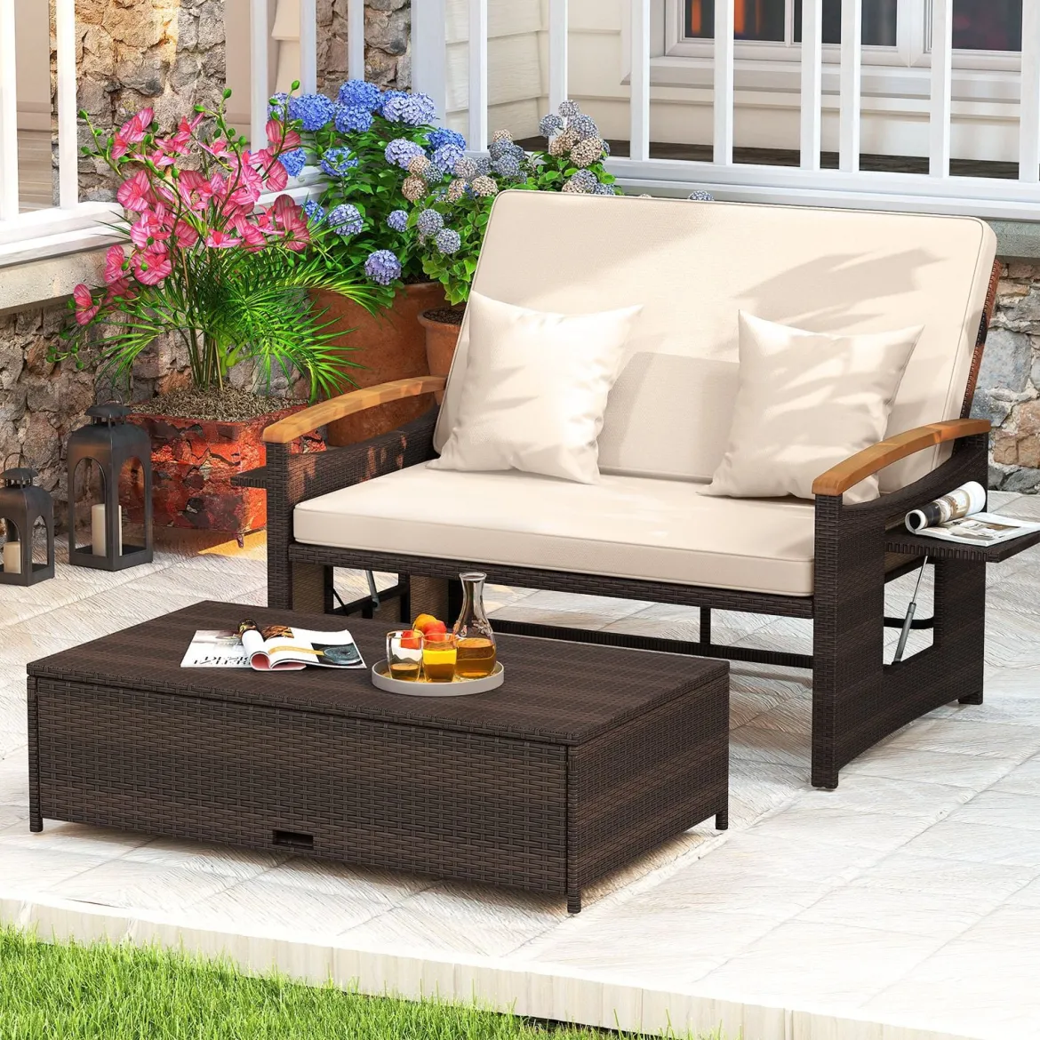 3 in 1 Rattan Lounge Möbel Set Doppelliege Tagesbett mit Liegefunktion 2 Sitzer & Hocker