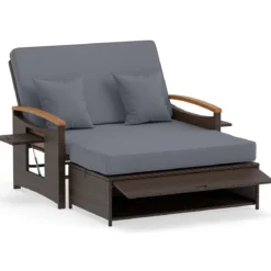 3 in 1 Rattan Lounge Möbel Set Doppelliege Tagesbett mit Liegefunktion 2 Sitzer & Hocker