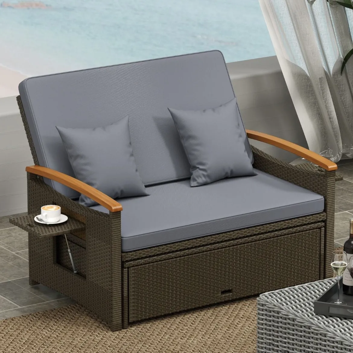 3 in 1 Rattan Lounge Möbel Set Doppelliege Tagesbett mit Liegefunktion 2 Sitzer & Hocker