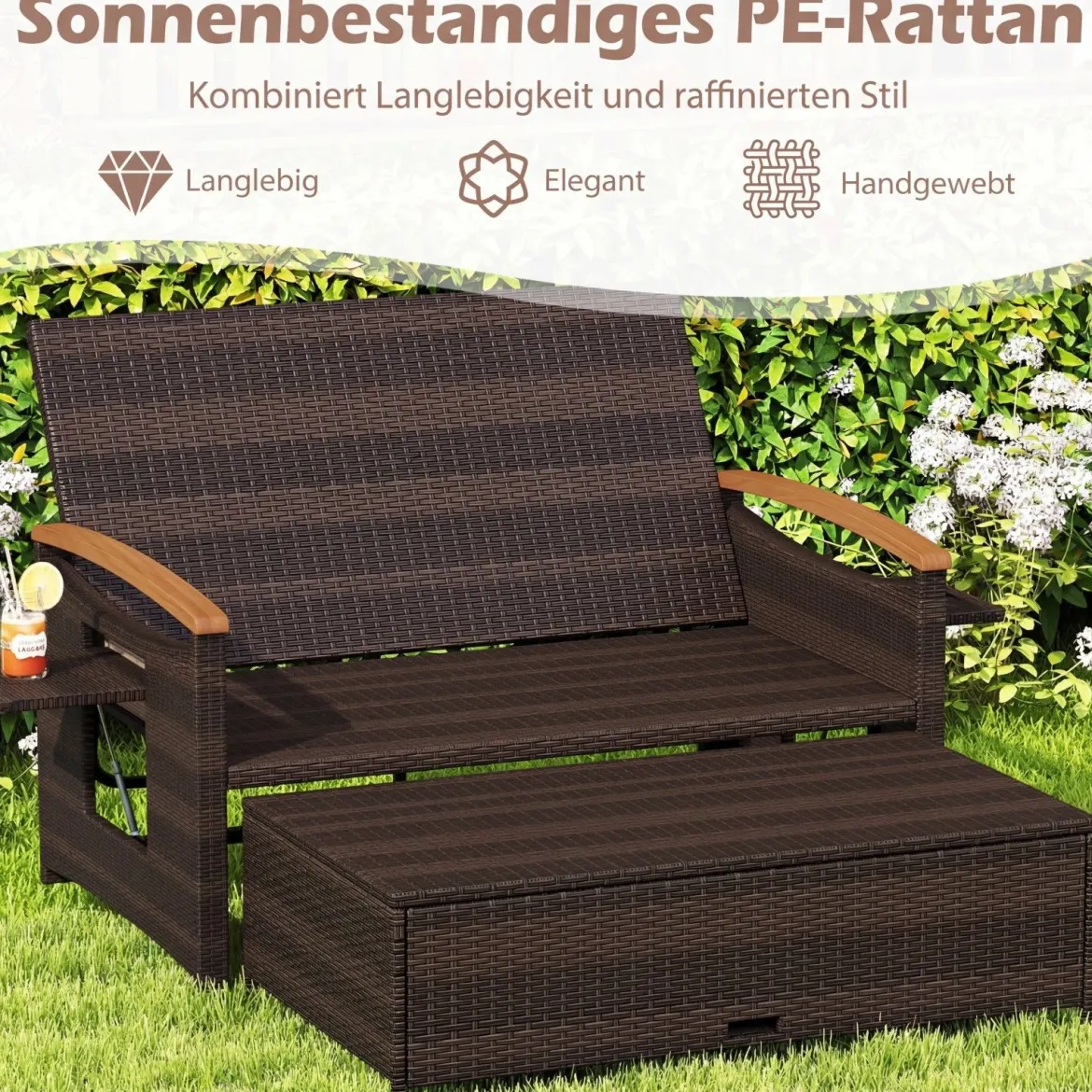 3 in 1 Rattan Lounge Möbel Set Doppelliege Tagesbett mit Liegefunktion 2 Sitzer & Hocker