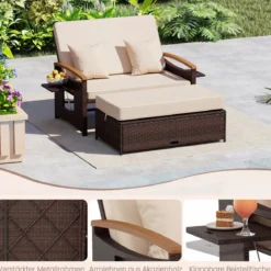 3 in 1 Rattan Lounge Möbel Set Doppelliege Tagesbett mit Liegefunktion 2 Sitzer & Hocker