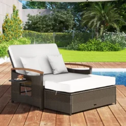 3 in 1 Rattan Lounge Möbel Set Doppelliege Tagesbett mit Liegefunktion 2 Sitzer & Hocker