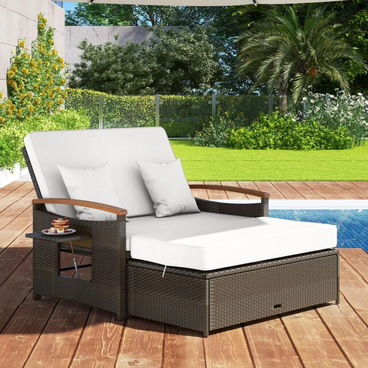3 in 1 Rattan Lounge Möbel Set Doppelliege Tagesbett mit Liegefunktion 2 Sitzer & Hocker