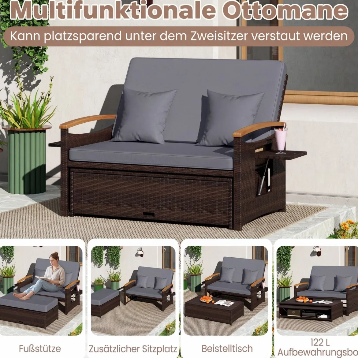 3 in 1 Rattan Lounge Möbel Set Doppelliege Tagesbett mit Liegefunktion 2 Sitzer & Hocker