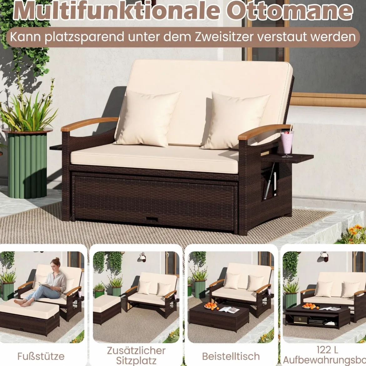 3 in 1 Rattan Lounge Möbel Set Doppelliege Tagesbett mit Liegefunktion 2 Sitzer & Hocker