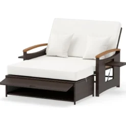 3 in 1 Rattan Lounge Möbel Set Doppelliege Tagesbett mit Liegefunktion 2 Sitzer & Hocker