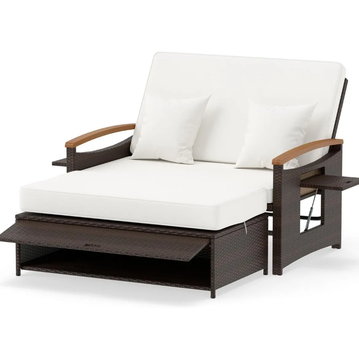 3 in 1 Rattan Lounge Möbel Set Doppelliege Tagesbett mit Liegefunktion 2 Sitzer & Hocker