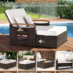 3 in 1 Rattan Lounge Möbel Set Doppelliege Tagesbett mit Liegefunktion 2 Sitzer & Hocker
